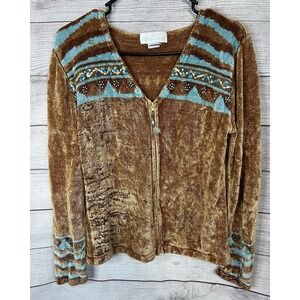 Vintage Soft Surroundings Chenille Zip Cardigan Sweater L Boho Beaded